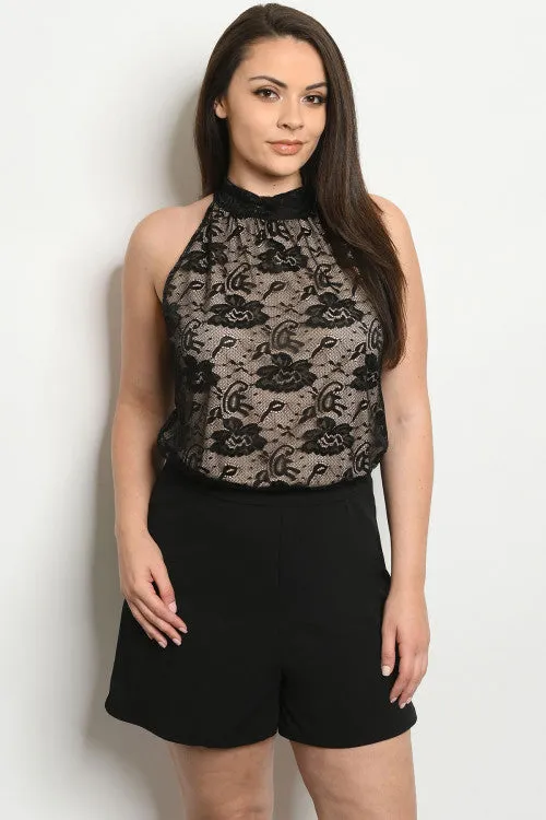 Black Lace Overlay Plus Size Romper