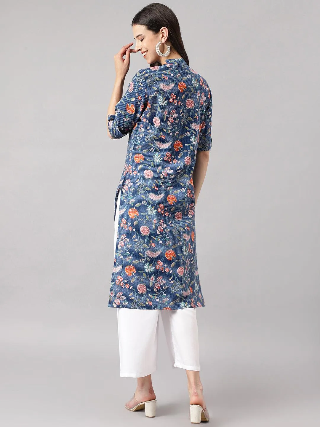 Blue And Orange Cotton Katha Work Straight Kurta