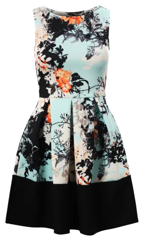 Blue Oriental Floral Print Contrast Sleeveless Pleated Dress