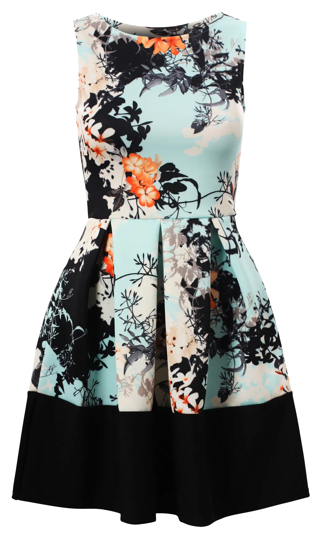 Blue Oriental Floral Print Contrast Sleeveless Pleated Dress