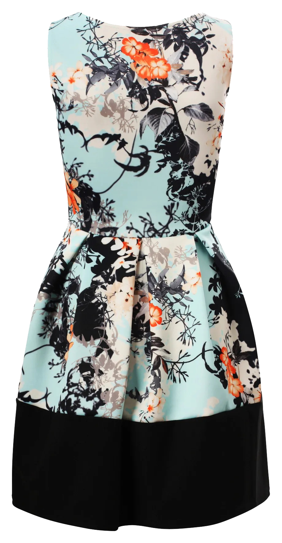 Blue Oriental Floral Print Contrast Sleeveless Pleated Dress