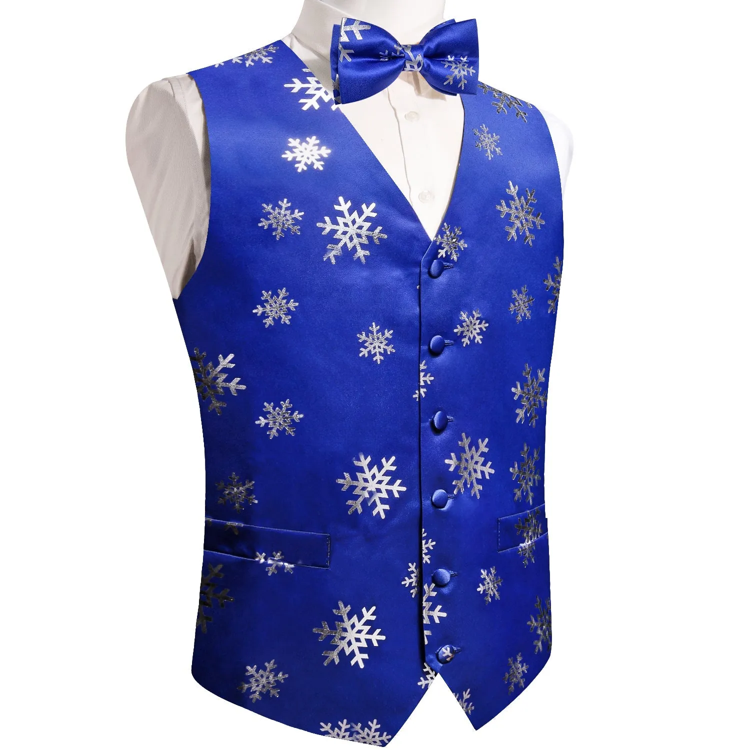 Blue Sliver Christmas Snowflake Novelty Silk Men's Vest Bow Tie Handkerchief Cufflinks Set