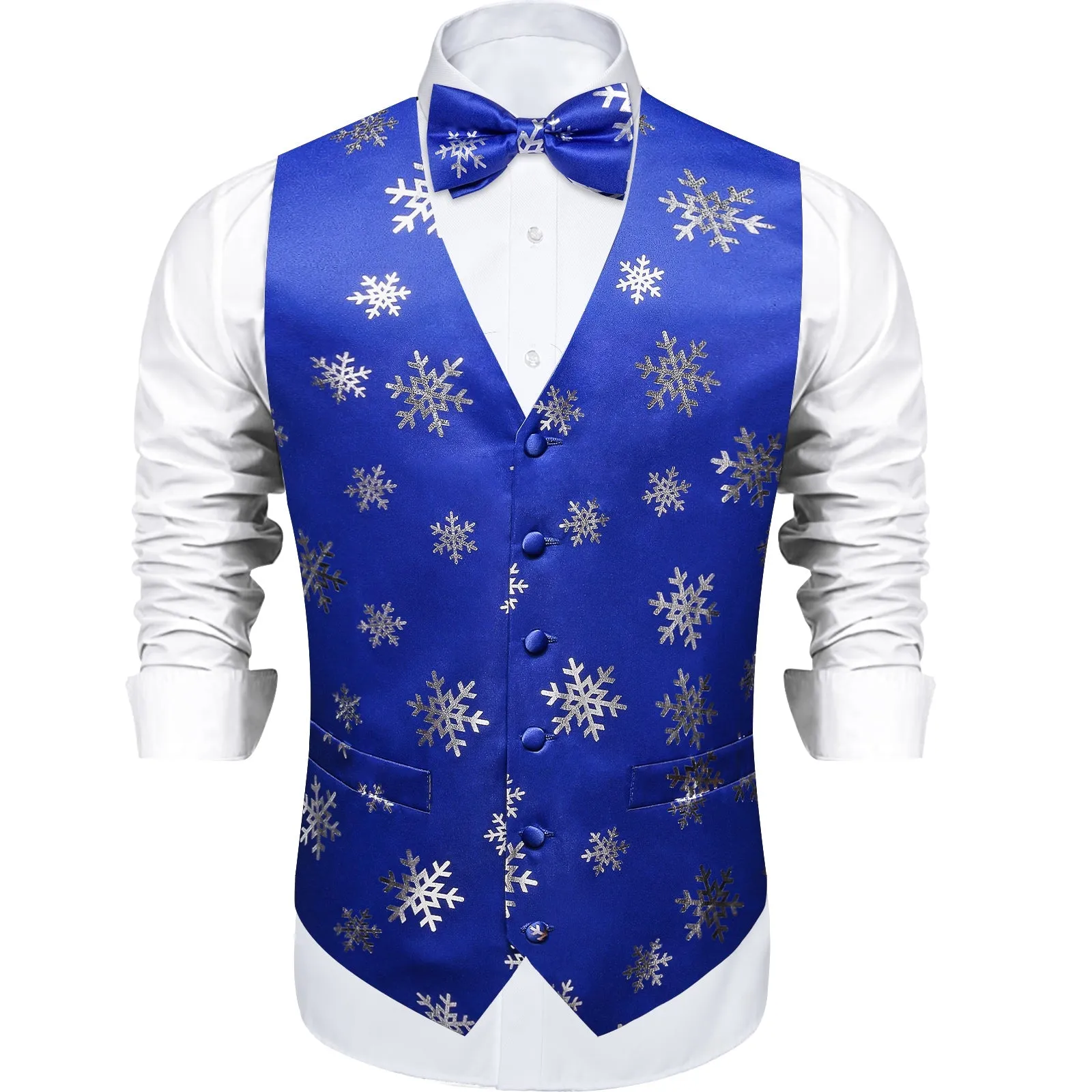 Blue Sliver Christmas Snowflake Novelty Silk Men's Vest Bow Tie Handkerchief Cufflinks Set