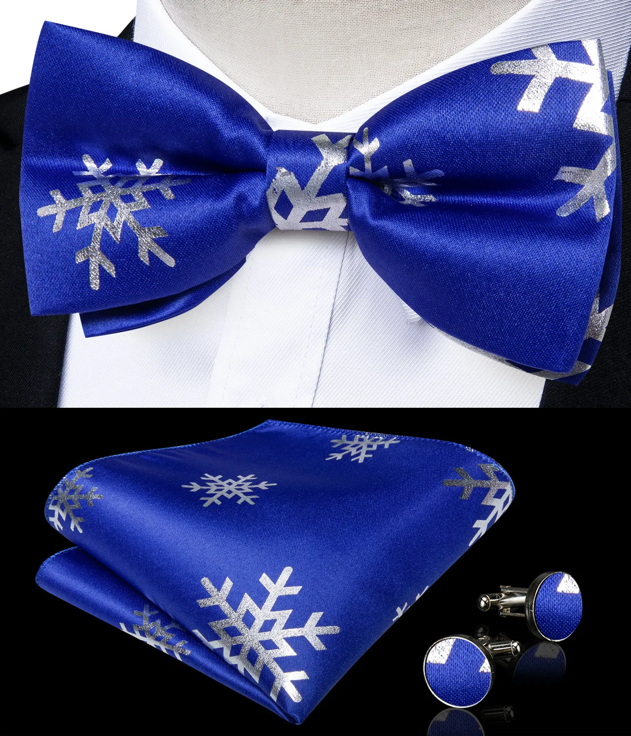 Blue Sliver Christmas Snowflake Novelty Silk Men's Vest Bow Tie Handkerchief Cufflinks Set