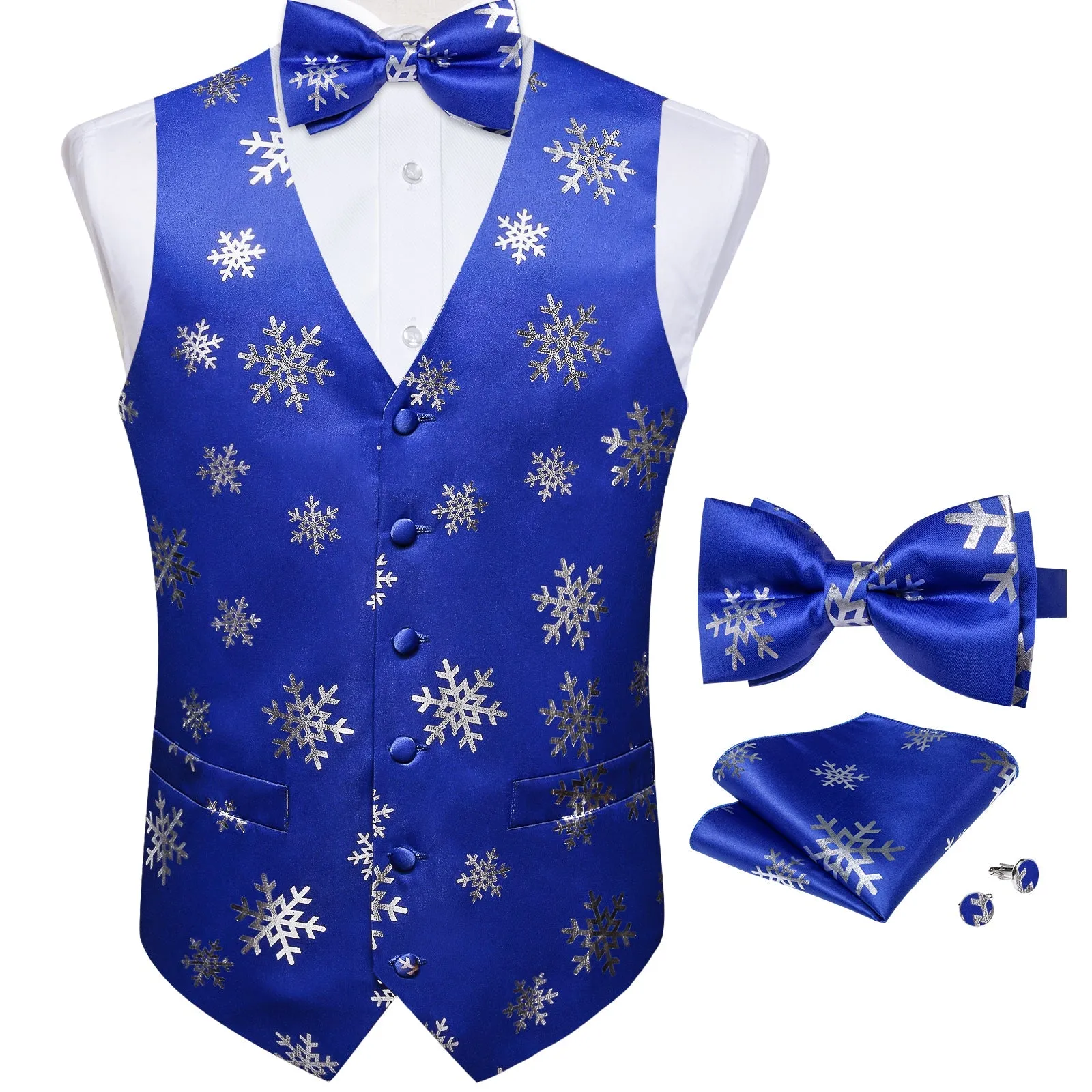 Blue Sliver Christmas Snowflake Novelty Silk Men's Vest Bow Tie Handkerchief Cufflinks Set