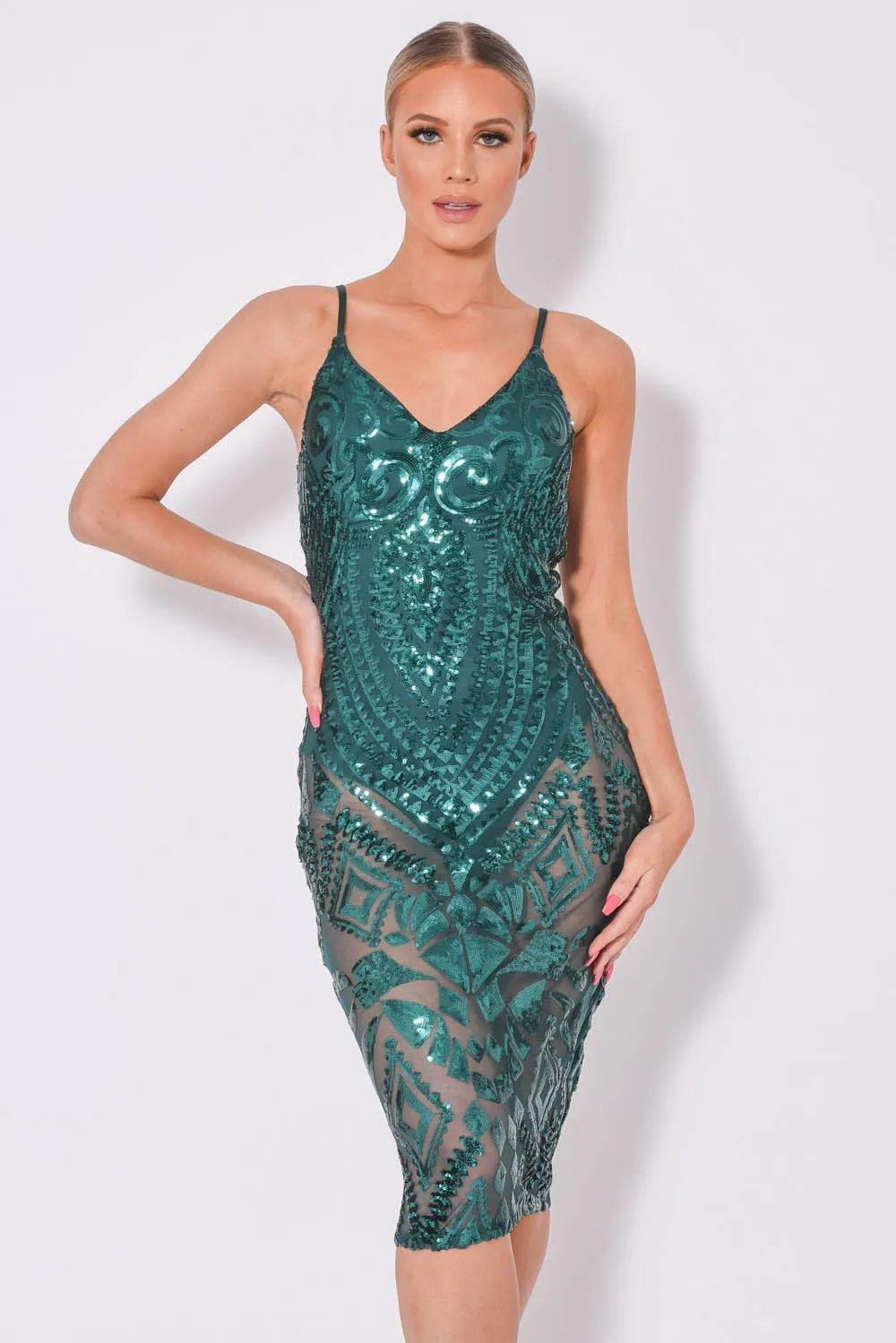 Body On Me Luxe Emerald Green Sequin Sheer Bodysuit Midi Dress