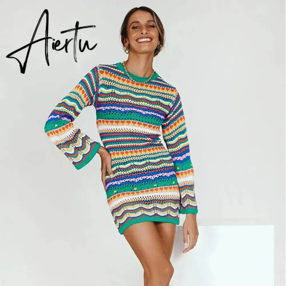 Bohemian Color Block Striped Knit Crochet Sweaters Dress Autumn Women's Long Sleeve Crew Neck Mini Bodycon Dress