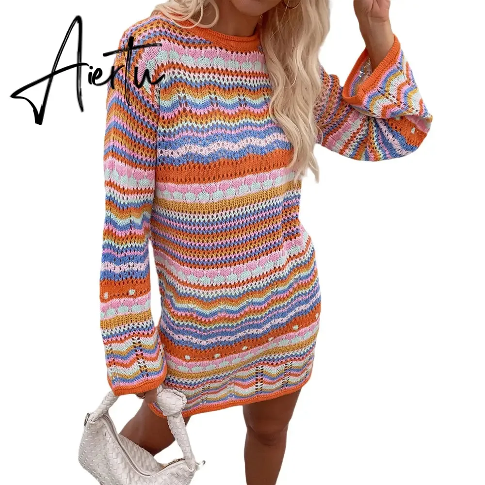 Bohemian Color Block Striped Knit Crochet Sweaters Dress Autumn Women's Long Sleeve Crew Neck Mini Bodycon Dress