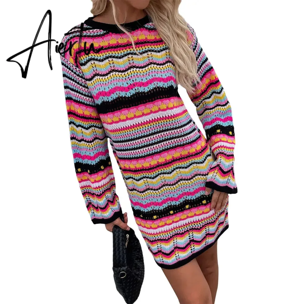 Bohemian Color Block Striped Knit Crochet Sweaters Dress Autumn Women's Long Sleeve Crew Neck Mini Bodycon Dress