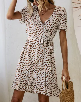 Bohemian Ruffle Wrap Animal Print Belted V-neck Short Sleeves Dress