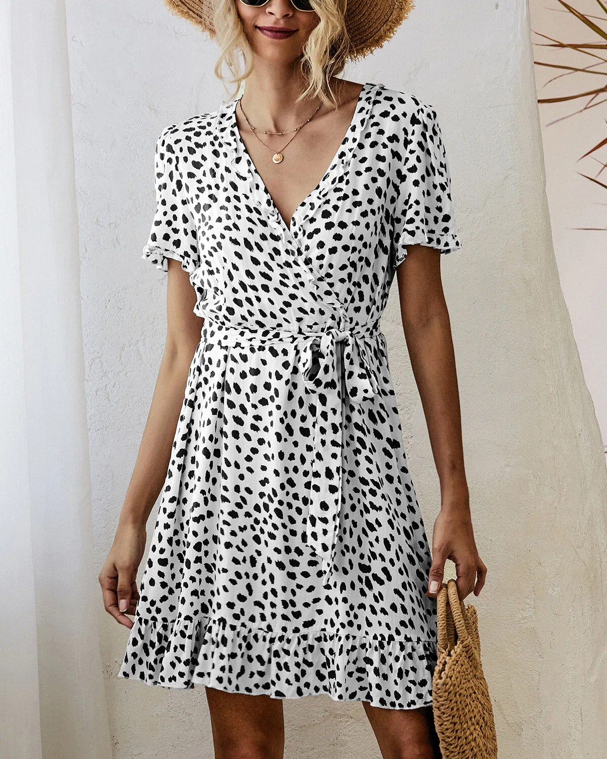 Bohemian Ruffle Wrap Animal Print Belted V-neck Short Sleeves Dress