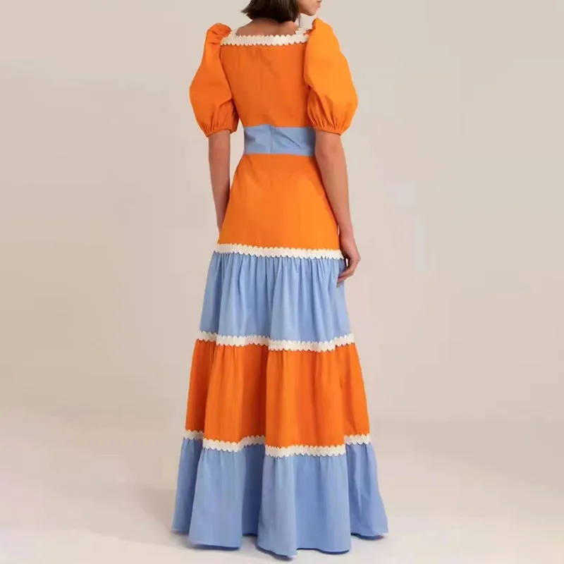 Bohemian Square Neck Puff Sleeves Cutout Maxi Dress