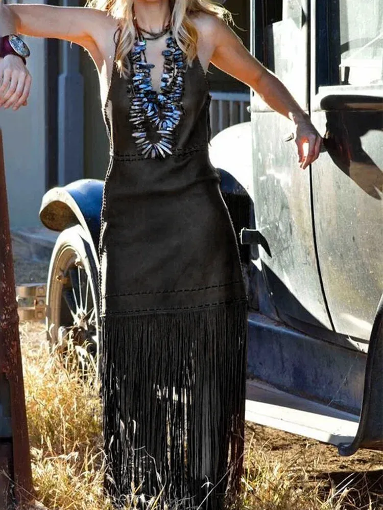 Boho Festival Black Halter Fringe Dress