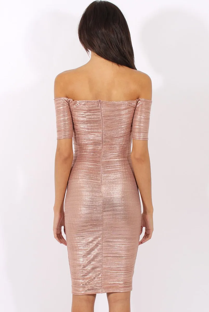 Bronze Metallic Pleated Bardot V Front Midi Dress - Lucia