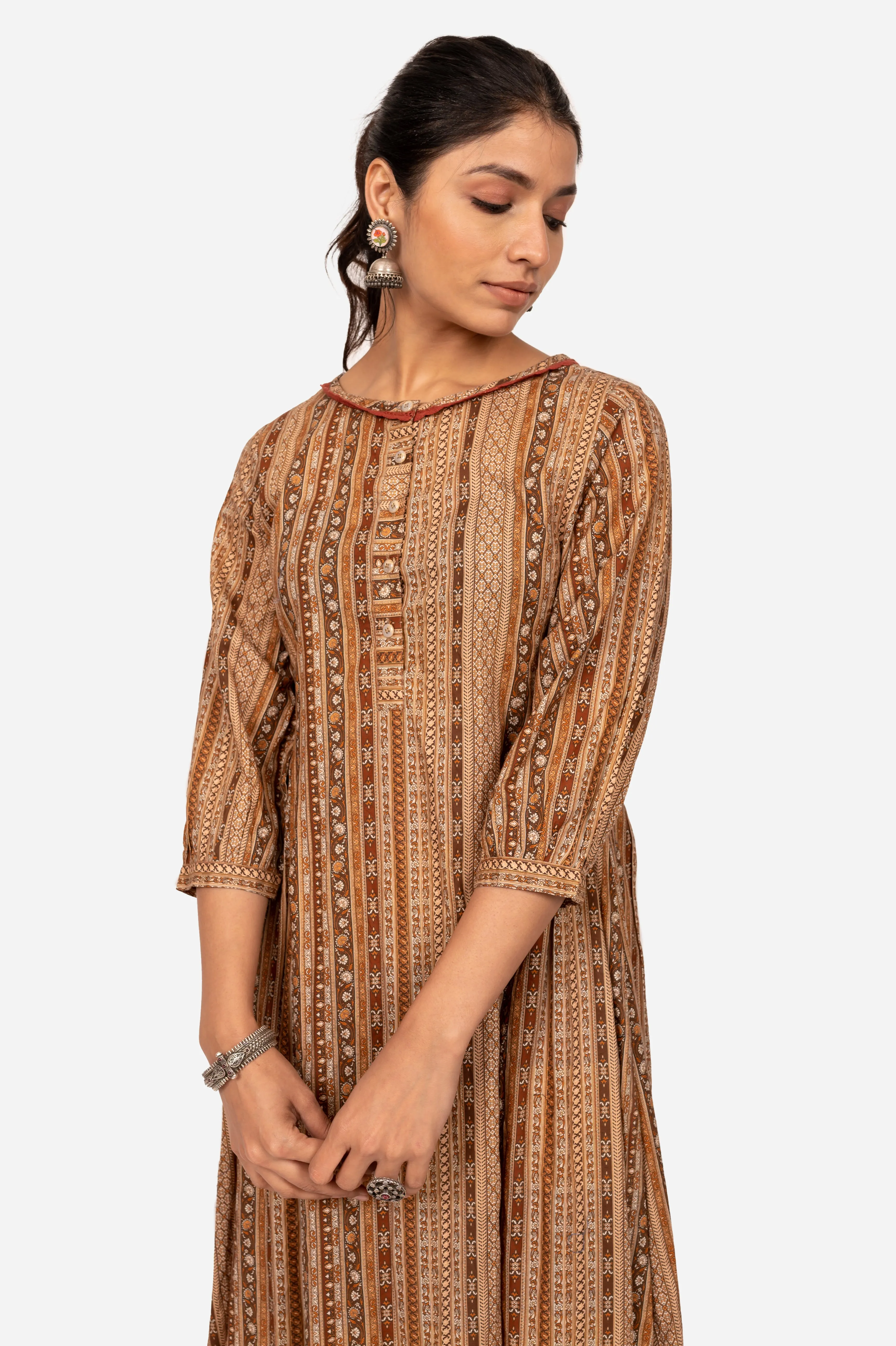 Brown-Colored 3/4 Sleeves Kurta