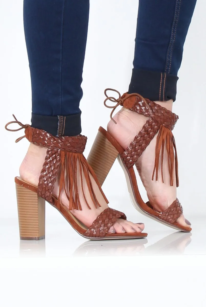 Brown Tassel Open Toe Block Heel - Misha