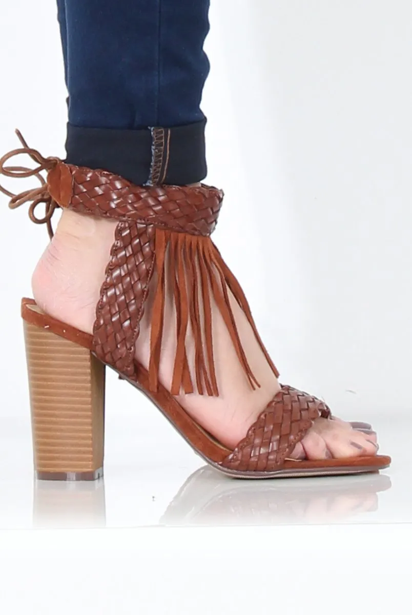 Brown Tassel Open Toe Block Heel - Misha