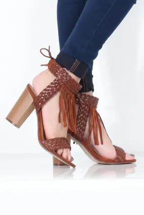 Brown Tassel Open Toe Block Heel - Misha