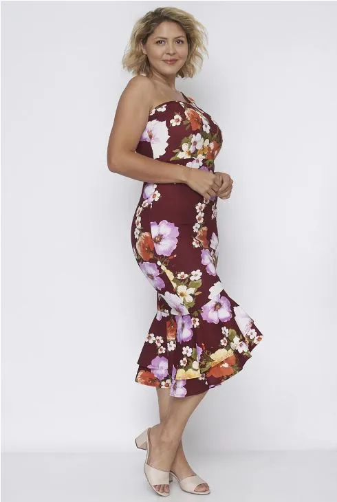 Burgundy One Shoulder Plus Size Bodycon Dress