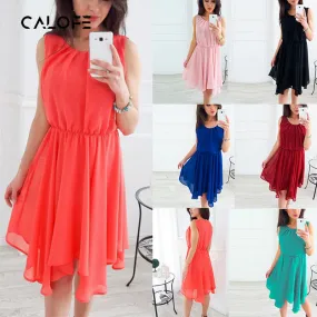 CALOFE Summer Beach Dresses Sleeveless Boho Dress Women O-neck Loose Elastic Vestidos Bohomian Robe Femme Mini Sundress