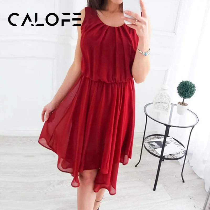 CALOFE Summer Beach Dresses Sleeveless Boho Dress Women O-neck Loose Elastic Vestidos Bohomian Robe Femme Mini Sundress