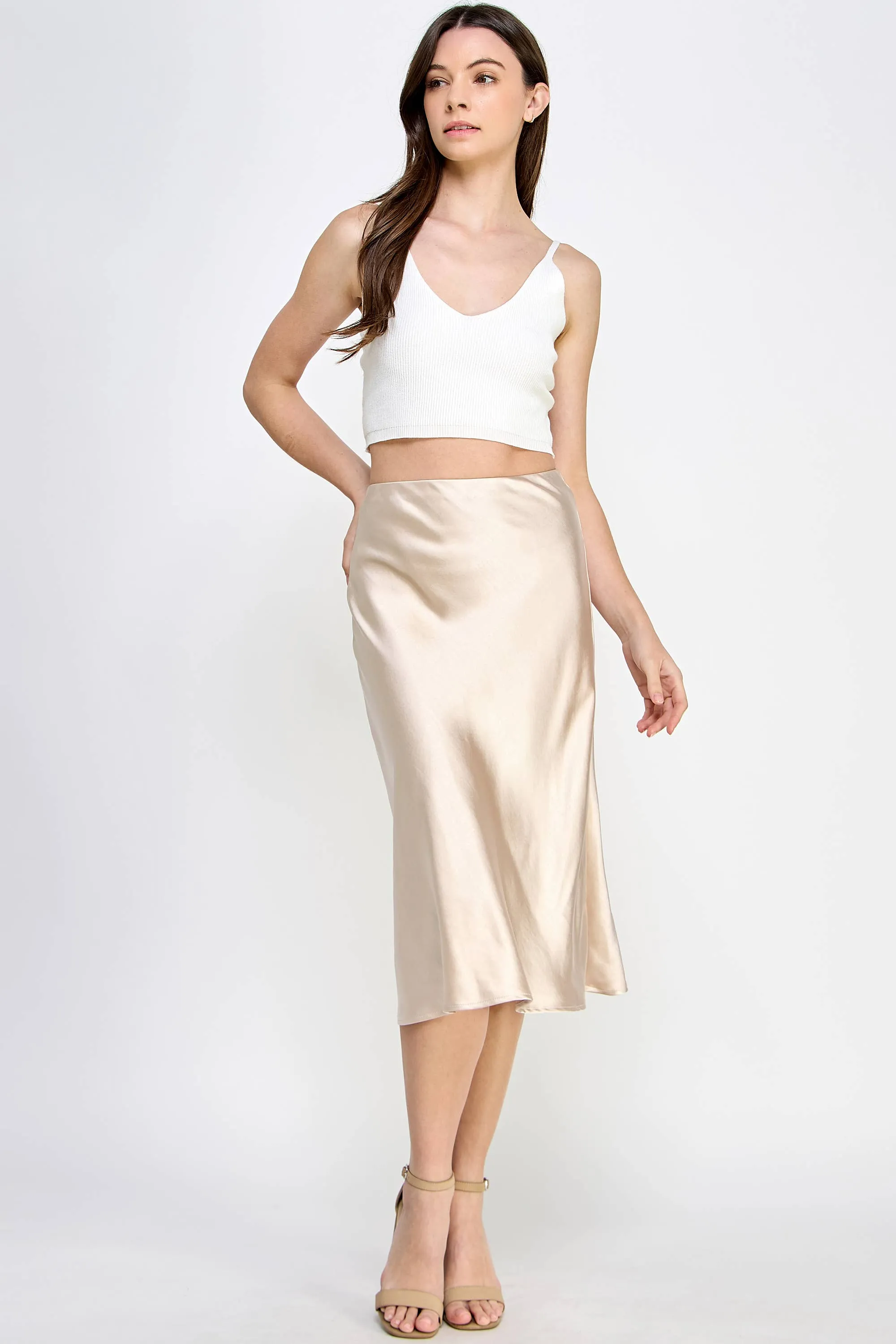 Champagne Satin Midi Skirt