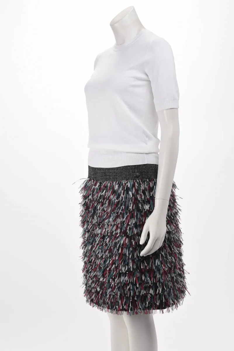 Chanel Grey Tweed & Ostrich Feather Midi Skirt FR 38