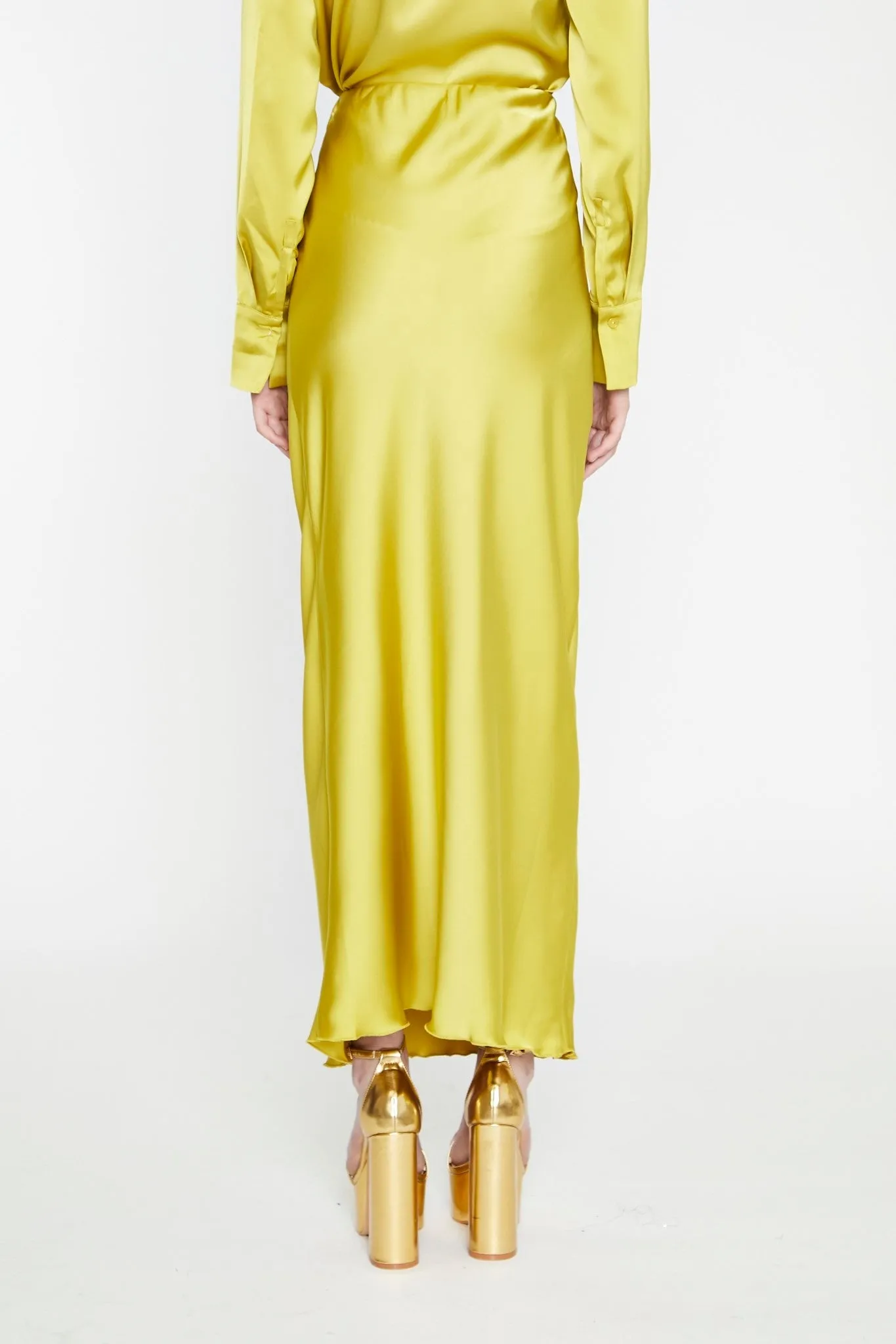 Chartreuse Satin Bias-Cut Midi-Skirt