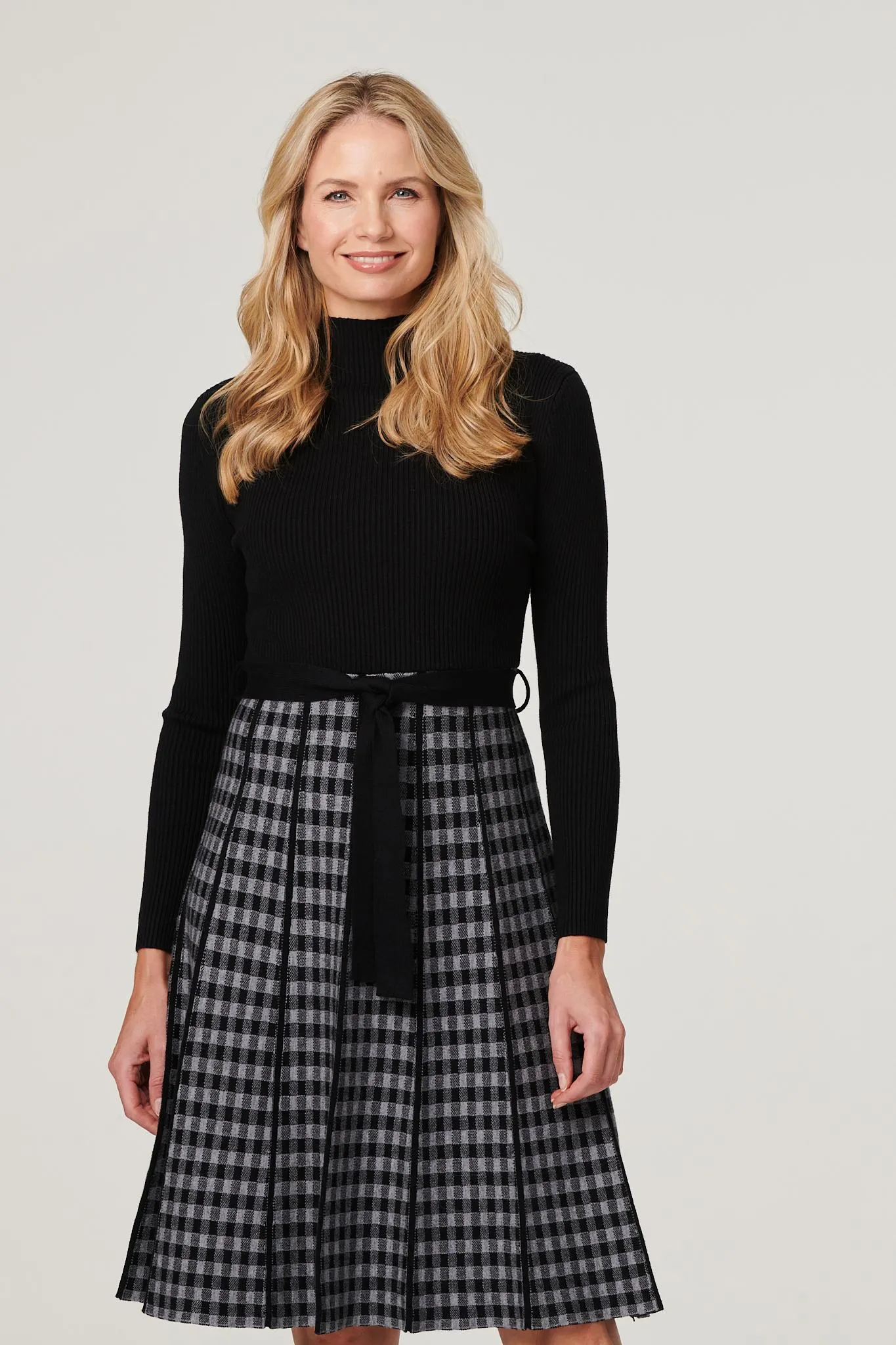 Checked High Neck Knit Dress