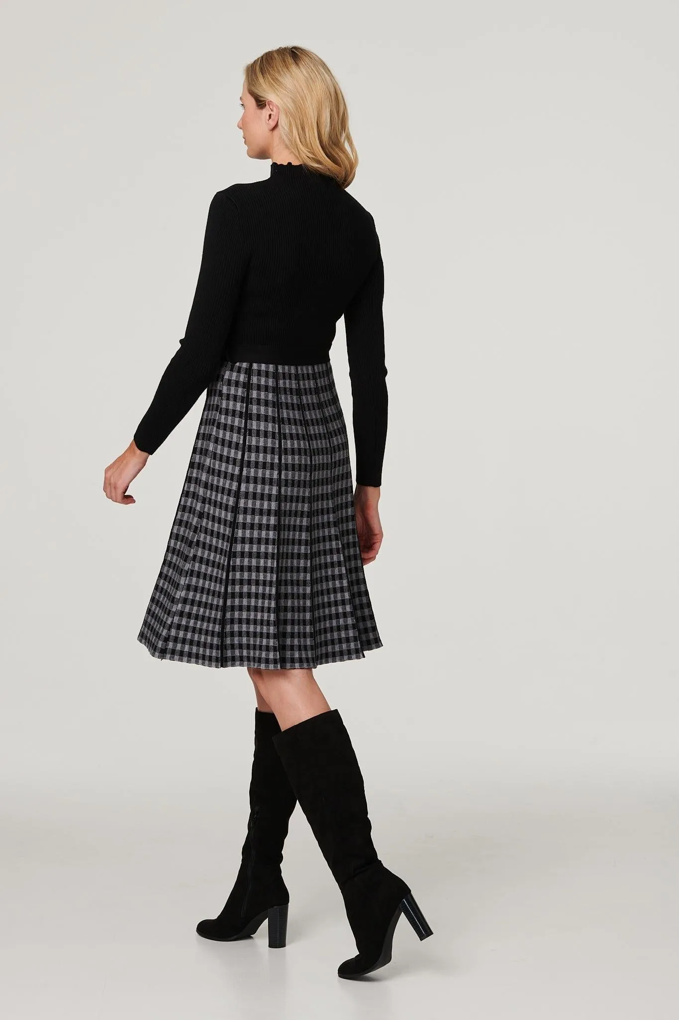 Checked High Neck Knit Dress