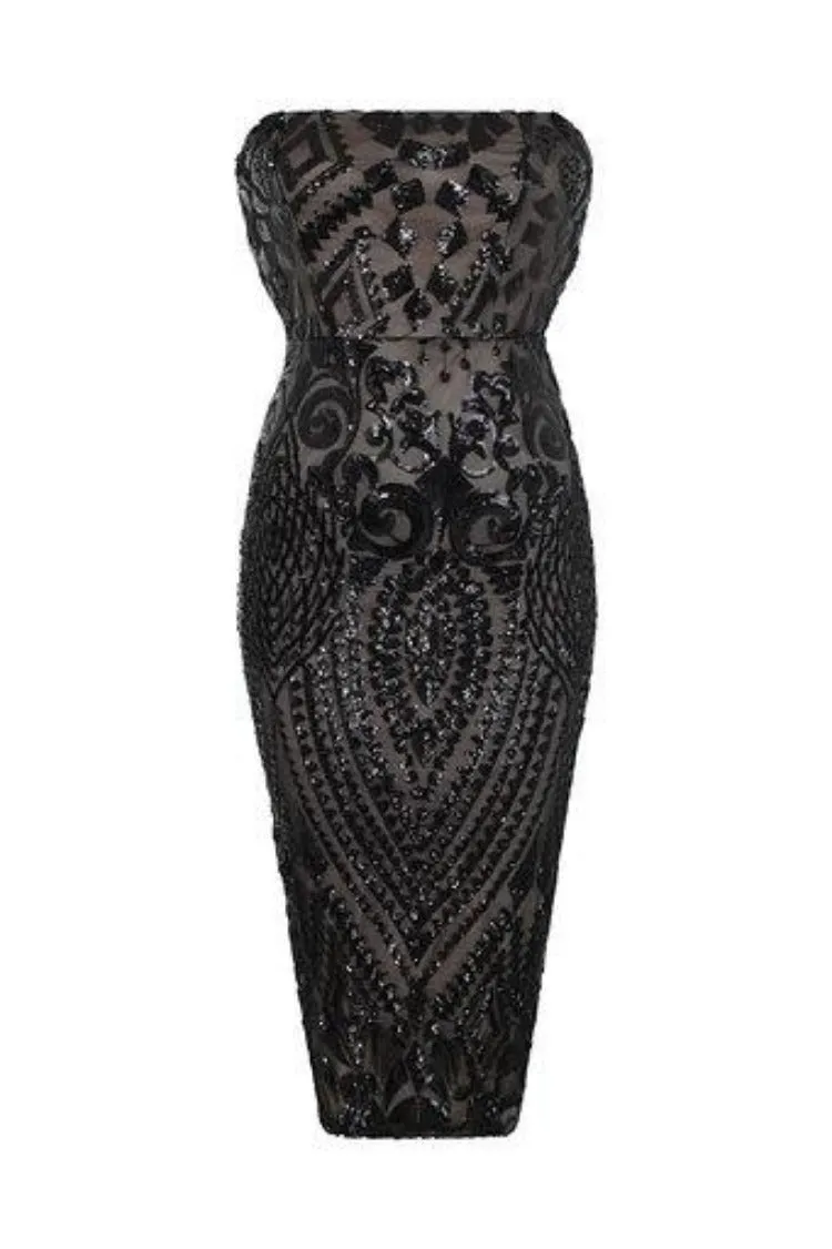 Chic Luxe Black Nude Strapless Sequin Illusion Midi Pencil Dress