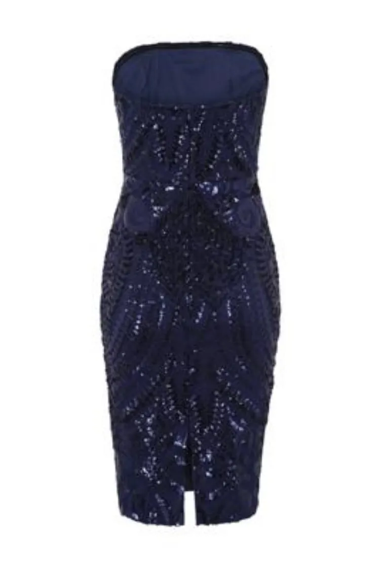 Chic Luxe Navy Blue Strapless Sequin Illusion Midi Pencil Dress