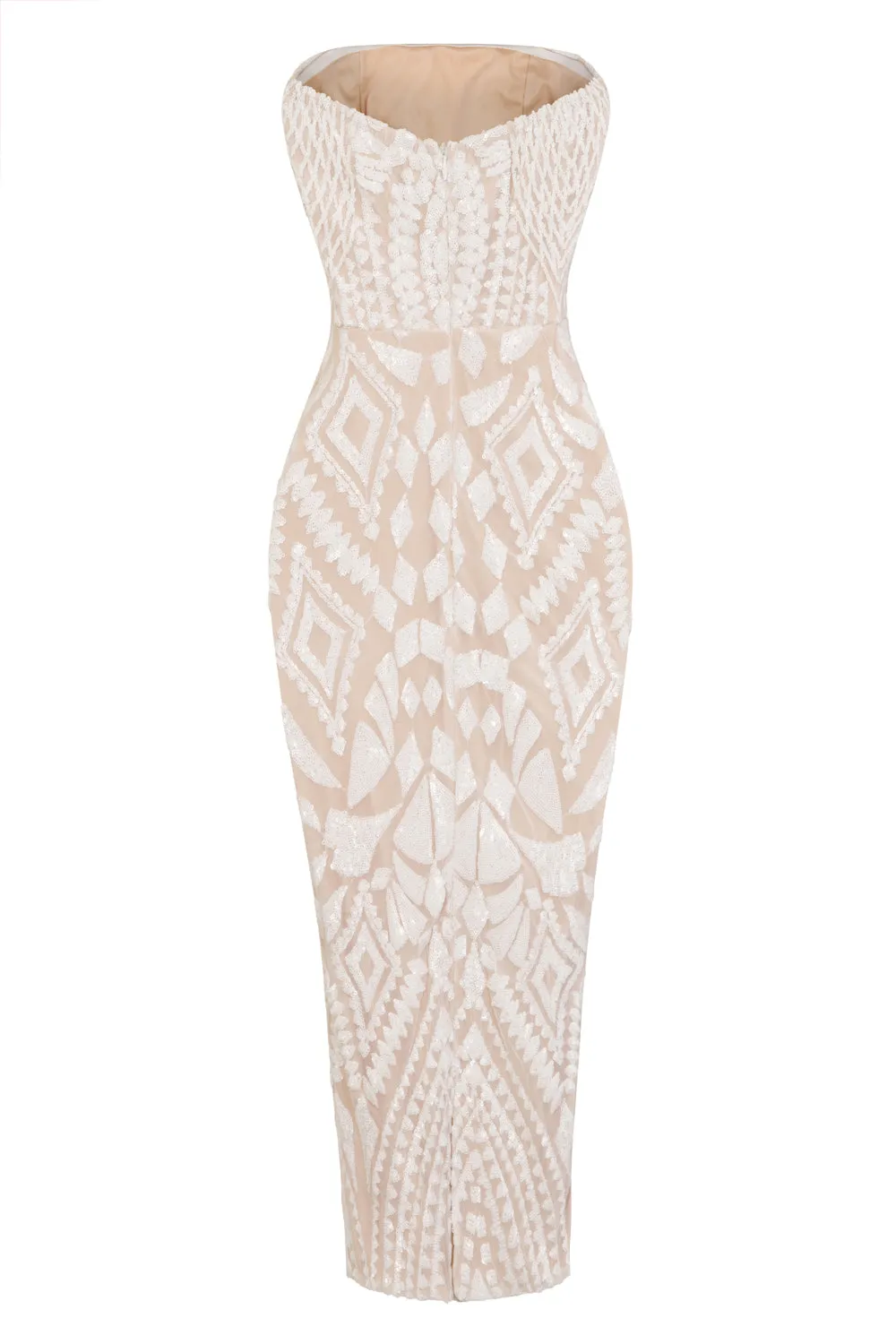 Chic Luxe White Nude Strapless Sequin Illusion Midi Pencil Dress