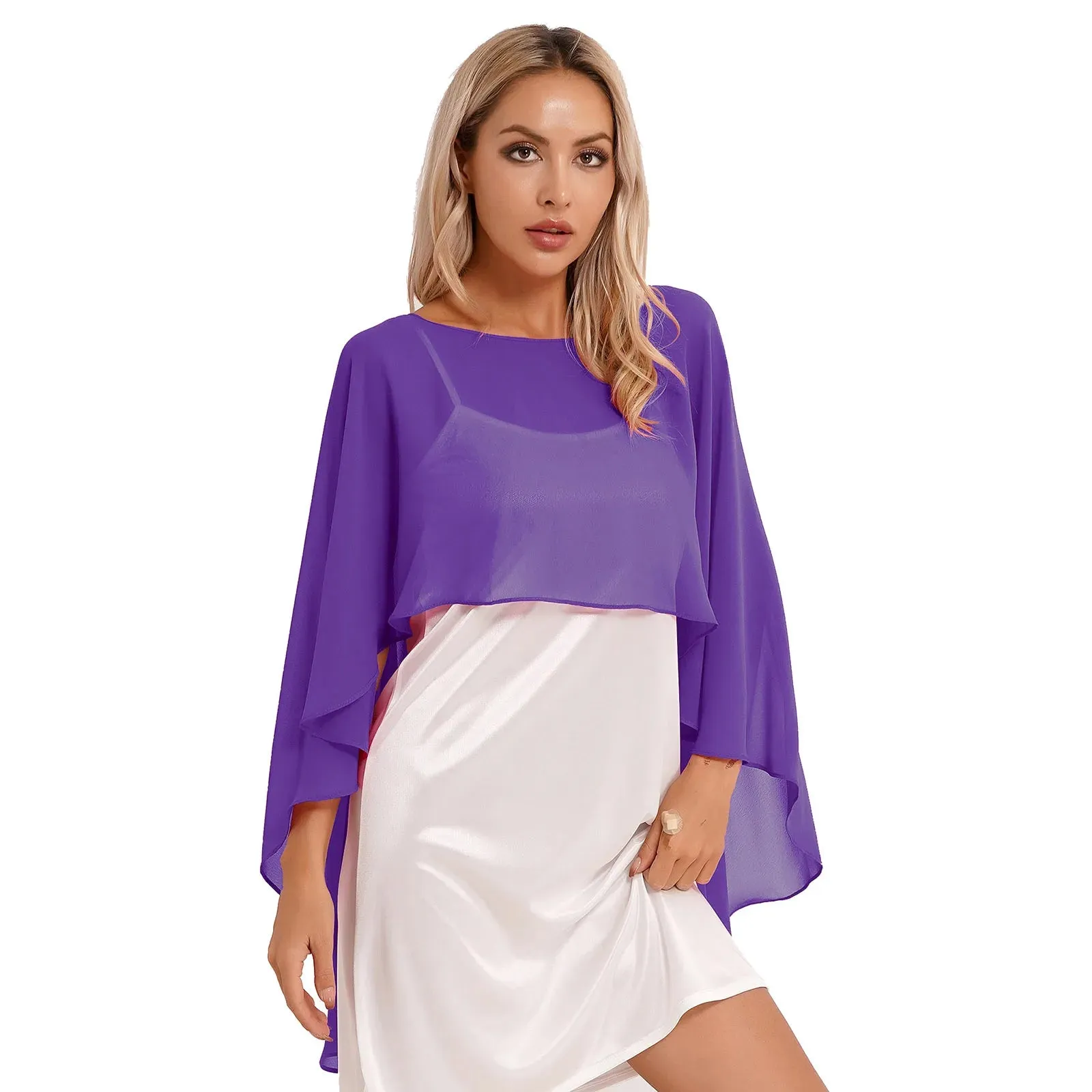 Chiffon Solid Pullover Shawl Hi-low Hem Thin Soft Ponchos