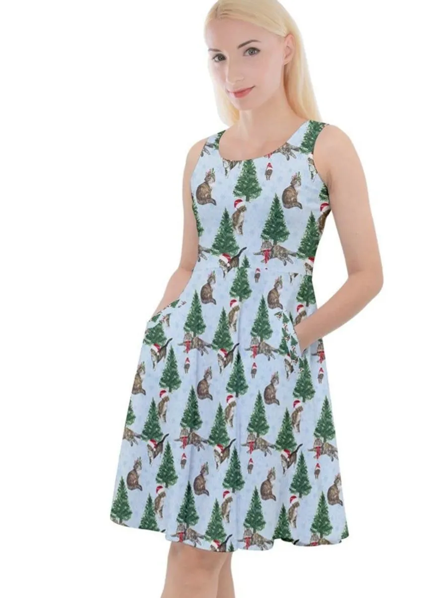 Christmas Cats Knee Length Skater Dress With Pockets