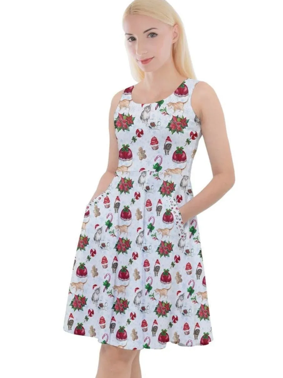 Christmas Cats Knee Length Skater Dress With Pockets