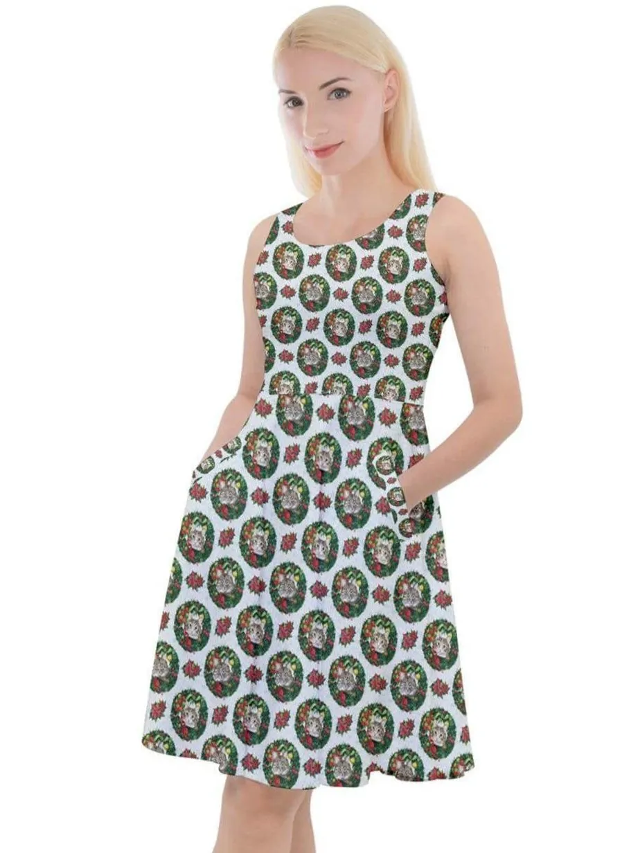 Christmas Cats Knee Length Skater Dress With Pockets