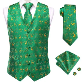 Christmas Green Gold Deer Men's Vest Hanky Cufflinks Tie Set