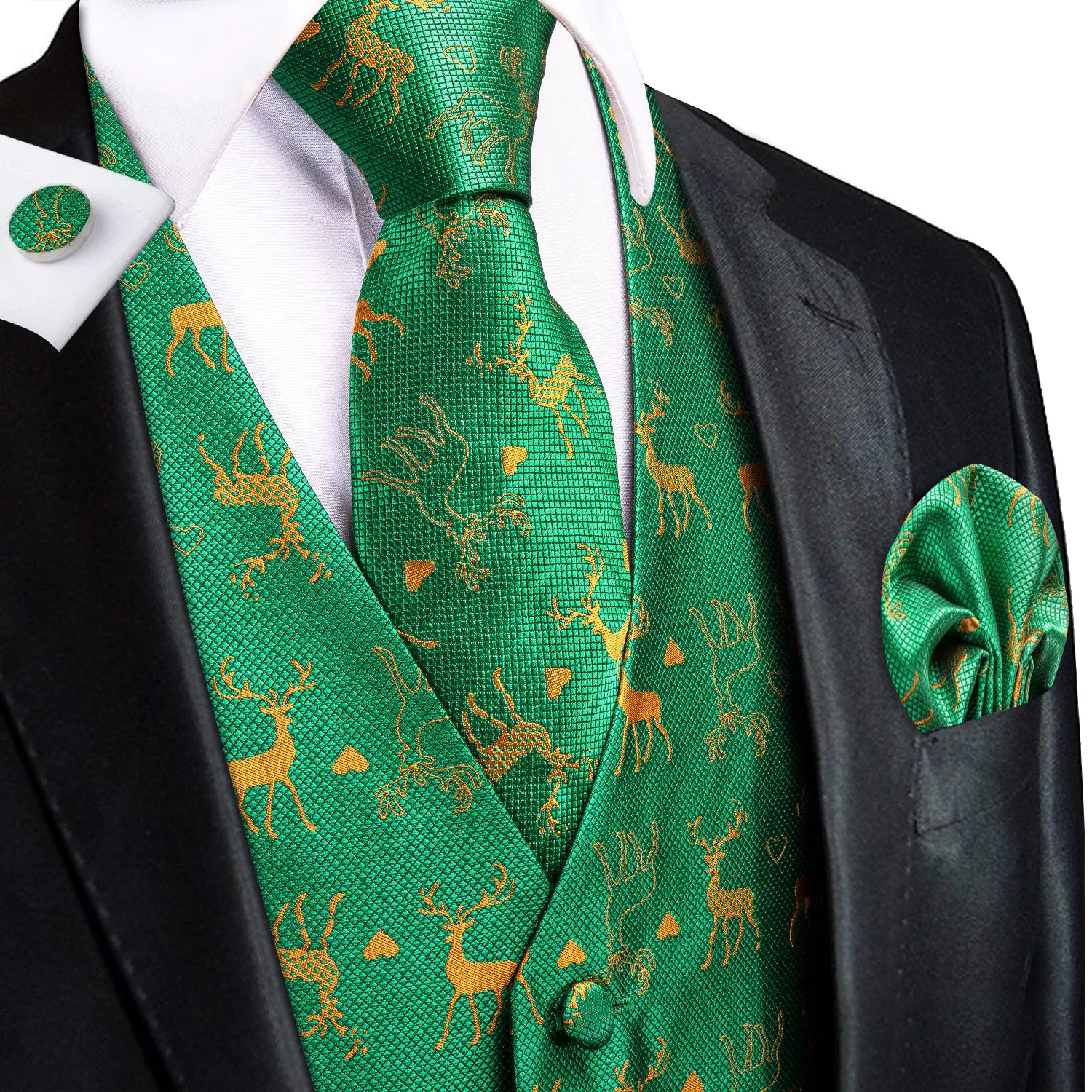 Christmas Green Gold Deer Men's Vest Hanky Cufflinks Tie Set