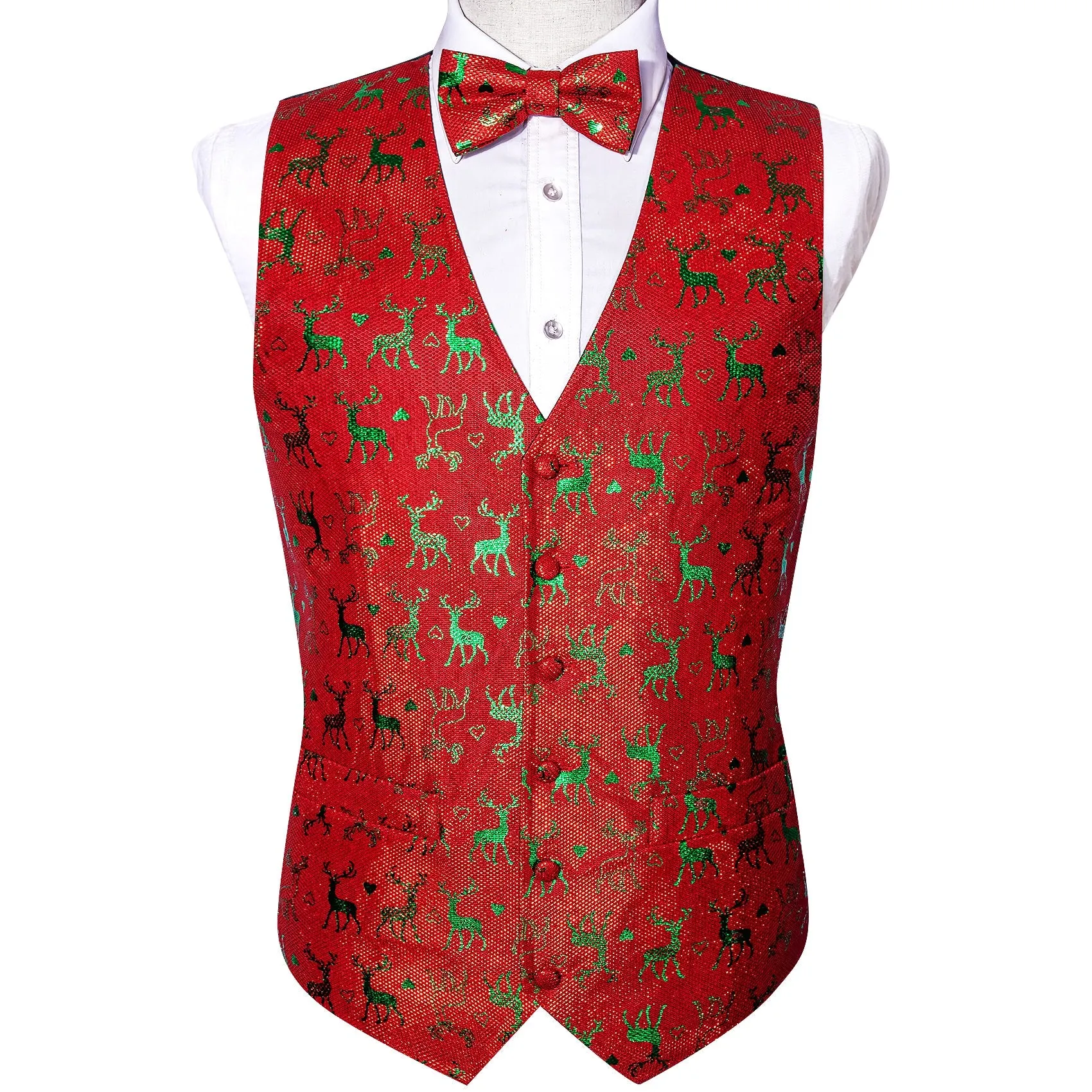 Christmas Red Green Elk Novelty Jacquard Silk Men's Vest Bow Tie Waistcoat Suit Set