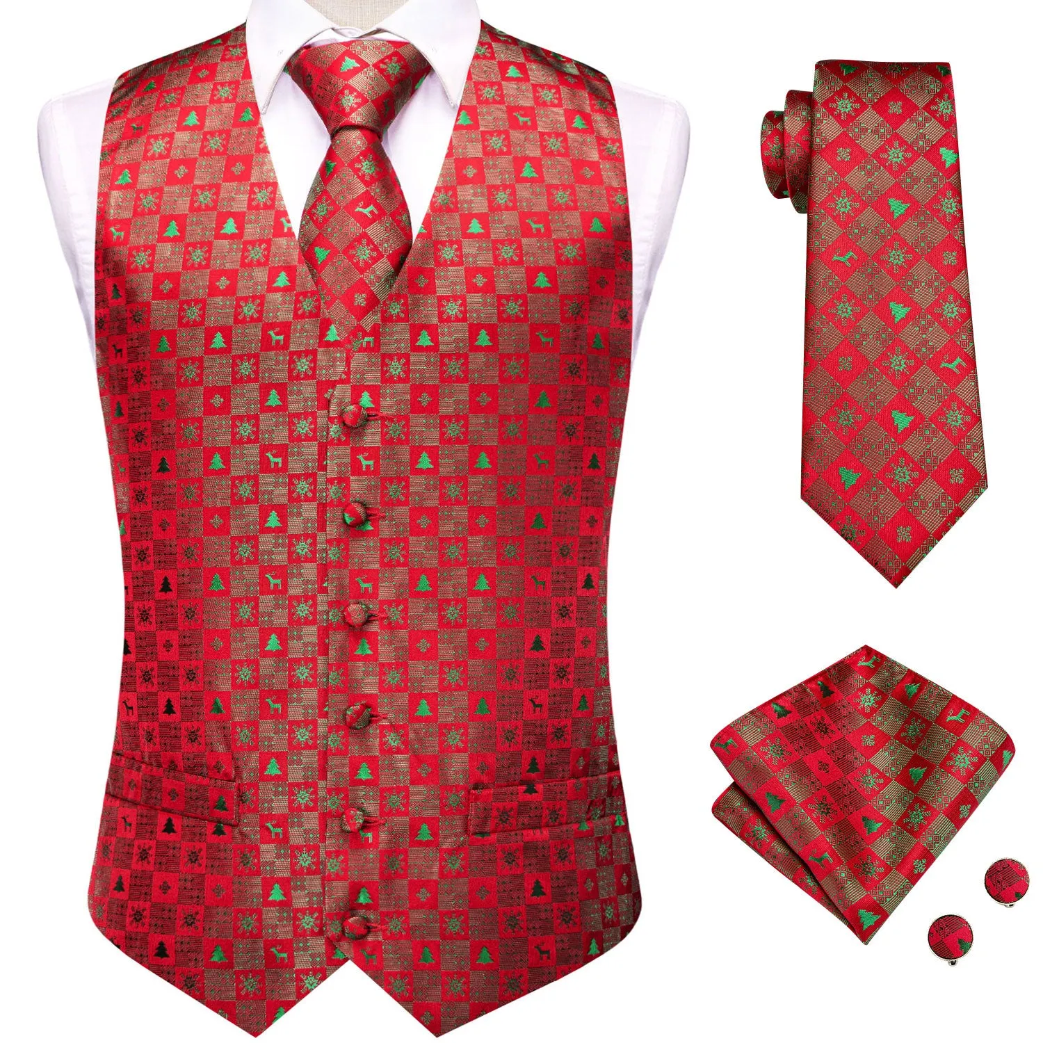 Christmas Red Green Novelty Pattern Men's Vest Hanky Cufflinks Tie Set