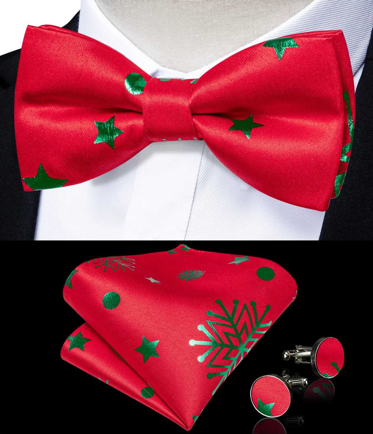 Christmas Red Green Pattern Novelty Jacquard Silk Men's Vest Bow Tie Handkerchief Cufflinks Set Waistcoat Suit Set