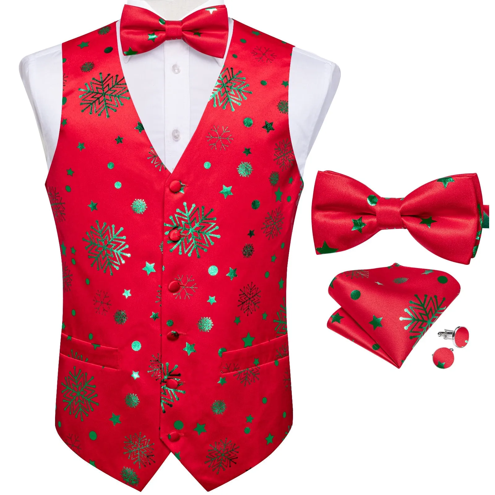 Christmas Red Green Pattern Novelty Jacquard Silk Men's Vest Bow Tie Handkerchief Cufflinks Set Waistcoat Suit Set