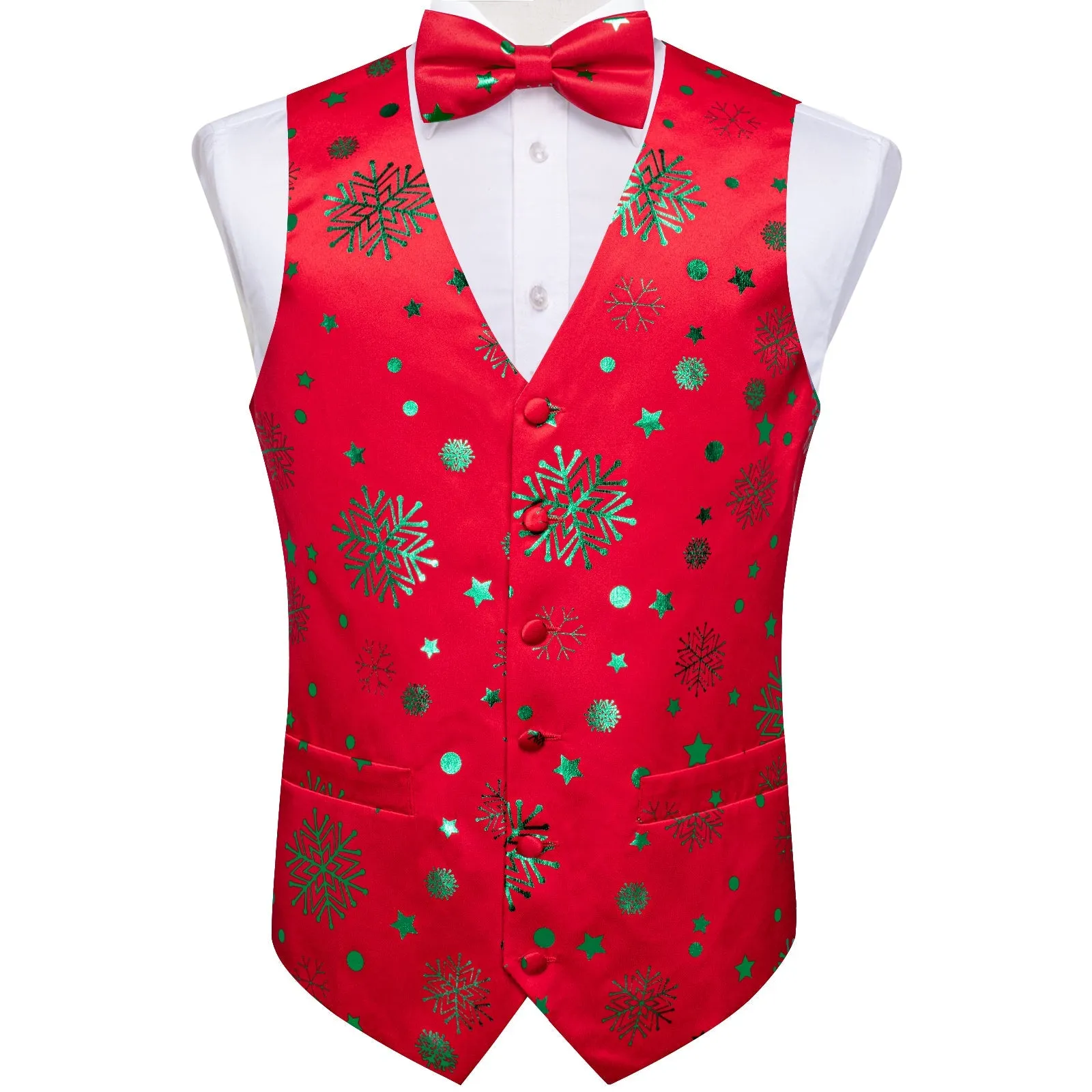 Christmas Red Green Pattern Novelty Jacquard Silk Men's Vest Bow Tie Handkerchief Cufflinks Set Waistcoat Suit Set