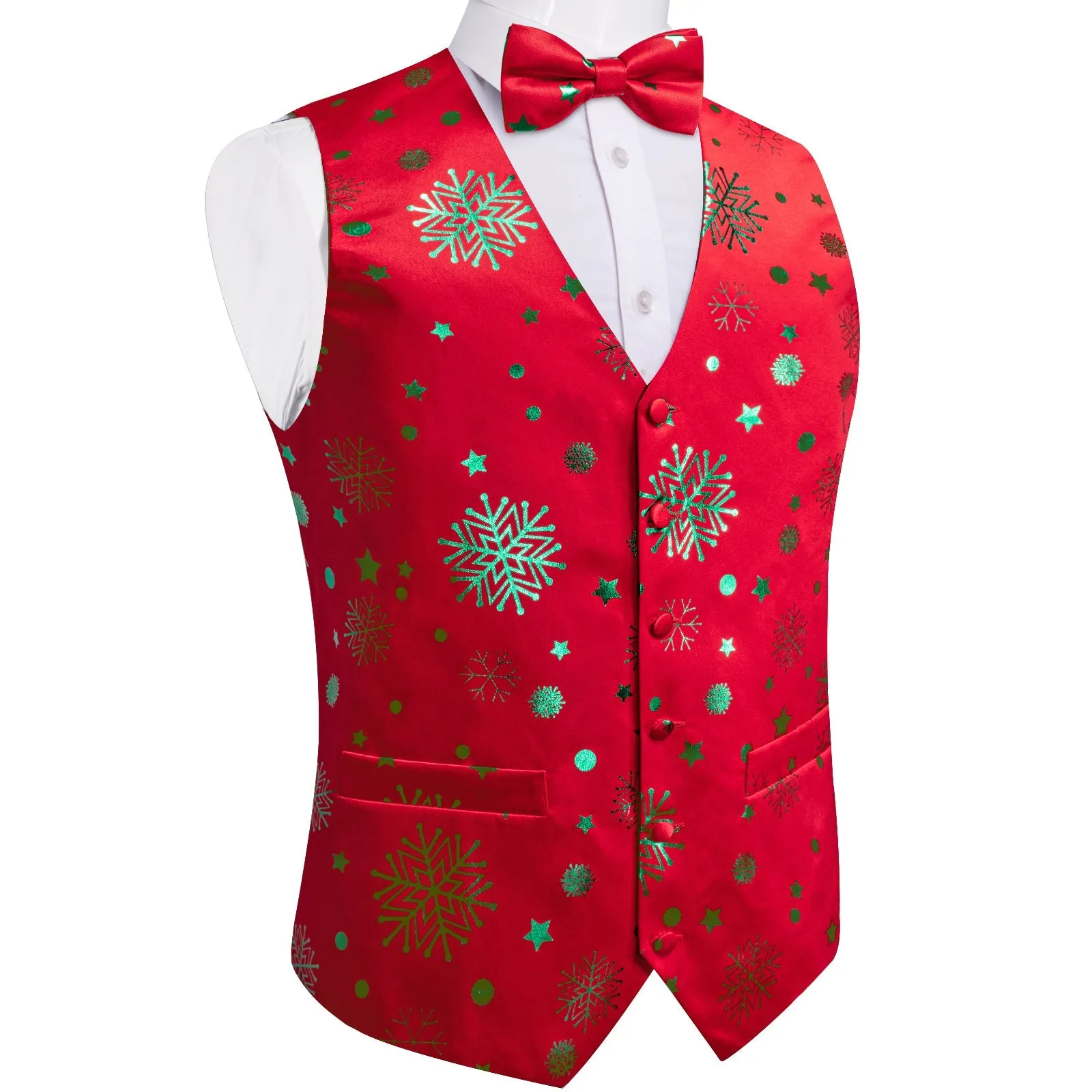 Christmas Red Green Pattern Novelty Jacquard Silk Men's Vest Bow Tie Handkerchief Cufflinks Set Waistcoat Suit Set