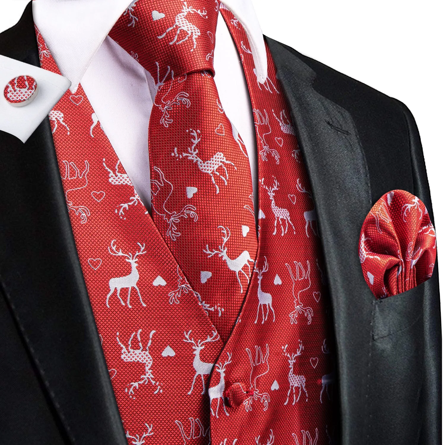 Christmas Red White Deer Men's Vest Hanky Cufflinks Tie Set