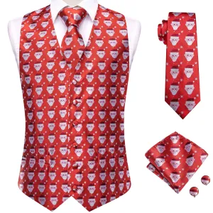 Christmas Red White Snowmen Men's Vest Hanky Cufflinks Tie Set