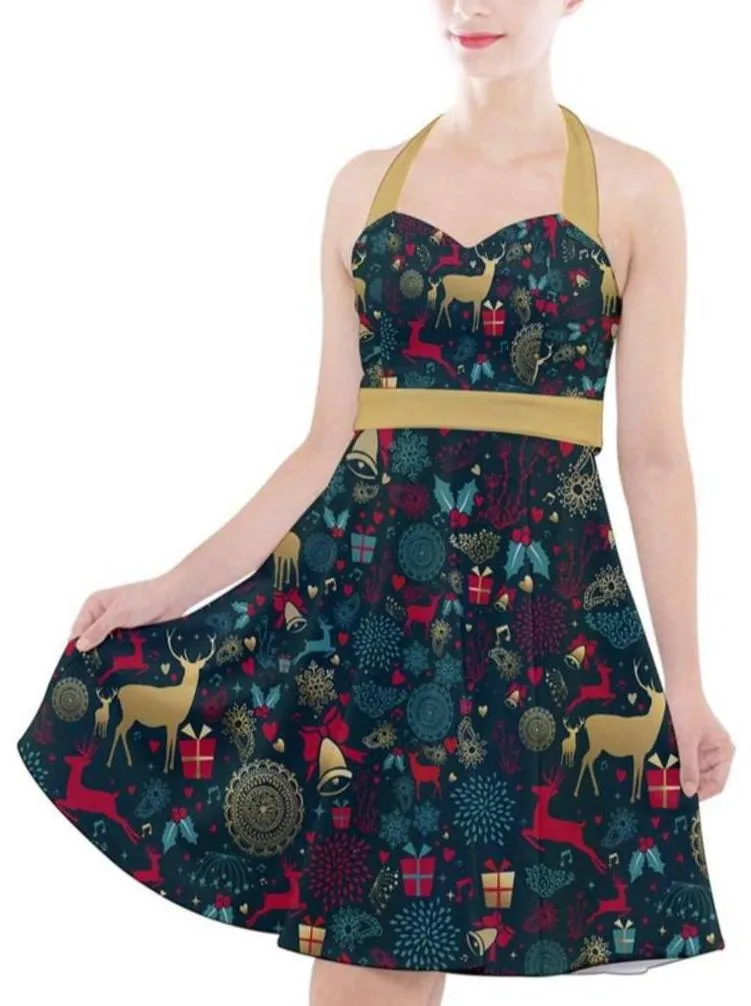 Christmas Reindeer Halter Party Swing Dress