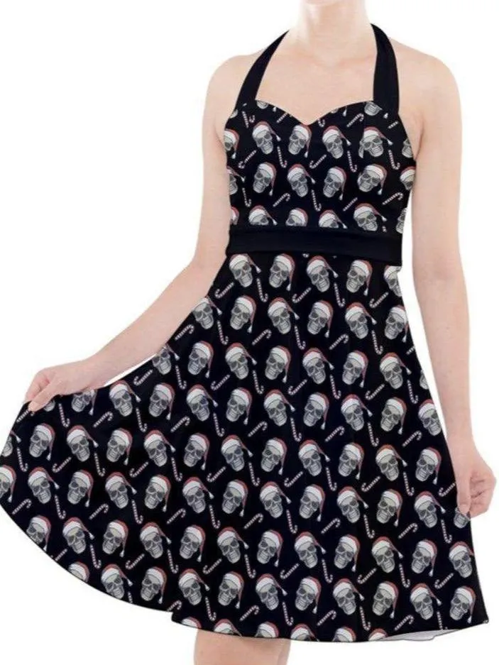 CHRISTMAS SKULLS HALTER PARTY SWING DRESS XS-3XL