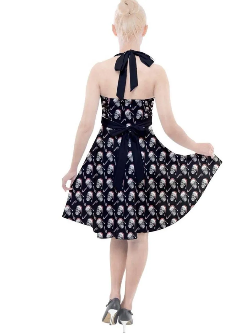 CHRISTMAS SKULLS HALTER PARTY SWING DRESS XS-3XL